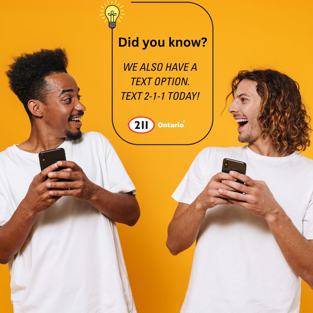 📲 Did you know? You can text 2-1-1 too. 
Help is just a message away — quick, easy, and confidential. 
#211Ontario #Text211 #GetConnected