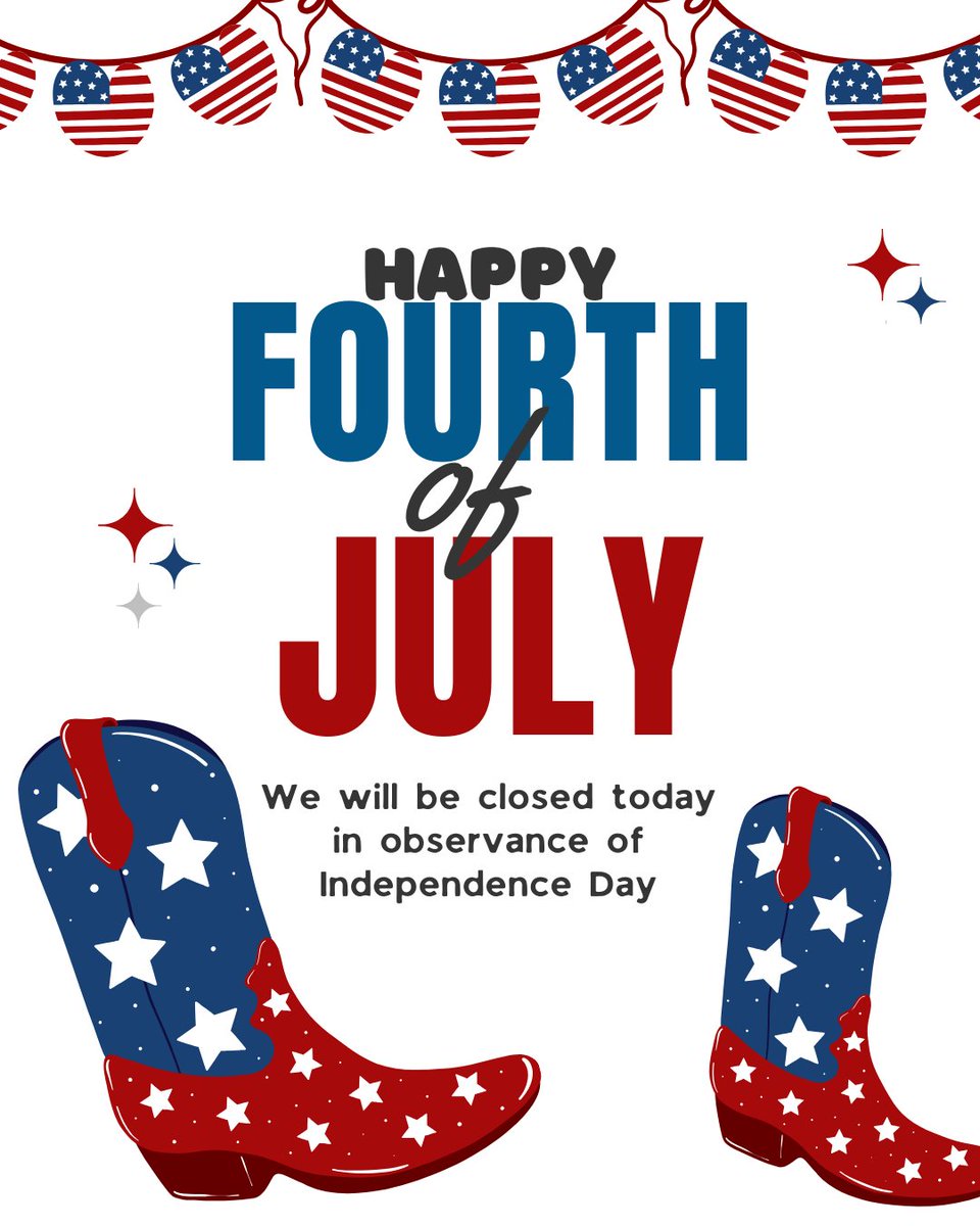 Happy Fourth of July!

We will be closed today in observance of Independence Day. Our office will be open regular hours on Monday. Stay safe, partners! 🤠
