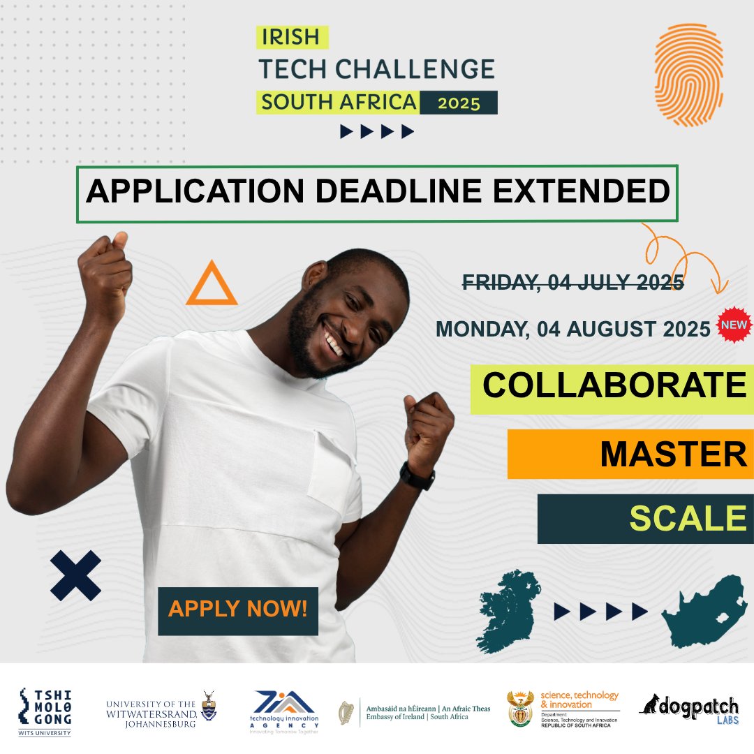 🚨 Deadline Extended!

You’ve got 1 MORE MONTH to apply for the Irish Tech Challenge South Africa 2025! 🌍

Take your startup global, scale faster, and unlock international partnerships.

New Deadline: 04 Aug 2025
Apply now: irishtechchallenge.co.za

#ITCSAApplyNow #SAinnovation