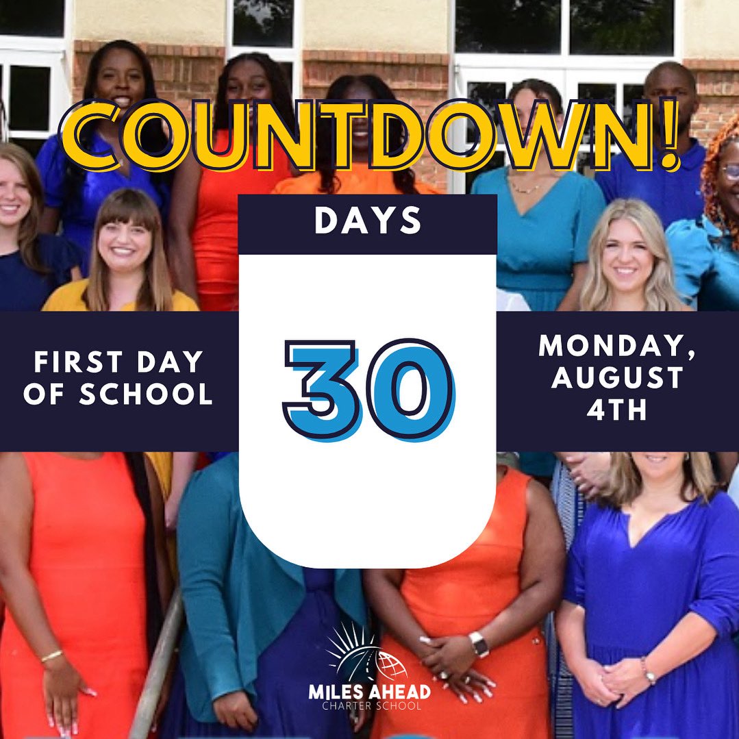 MilesAheadCS's tweet photo. ⏰ There may be fireworks ringing later today, but the true countdown is to Day 1 of school just 30 days away! We are just 30 days away to opening our doors to another year of laughs, learning, joy, and adventure! Are YOU ready?! 😄🎒🤗🎉 #milesaheadcharter #firstdayofschool https://t.co/VqRmIjZc6q