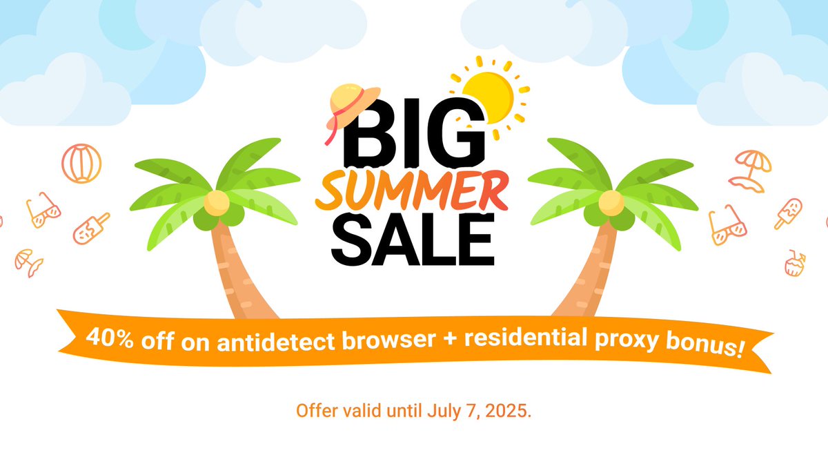 Our Big Summer Sale is here!
🌴Upgrade or join now to get 40% off Multilogin plans!

bit.ly/401f6KD

What you get:
🌐 Anti-detect browser for multiple accounts
🌍 Proxy traffic from 150+ countries, 30M+ clean IPs
💬 24/7 support

Hurry! Sale ends June 9th🔥
#Antidetect