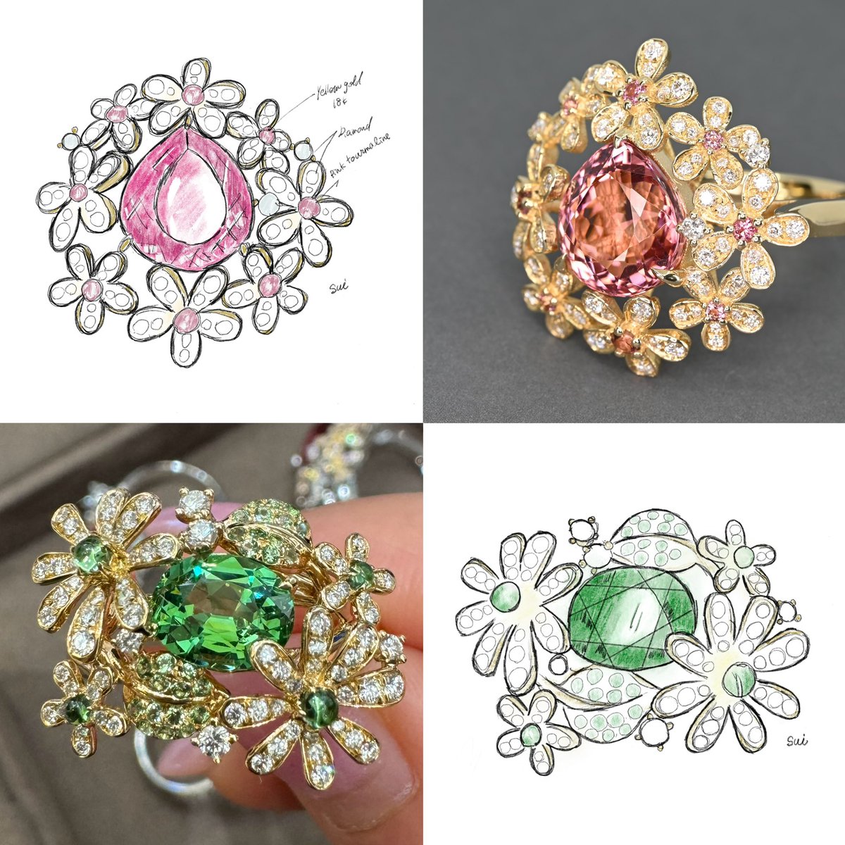 suigemstone's tweet image. 色石の美しさ×天然ダイヤモンドの質×18Kにこだわったジュエリーを制作✧︎* 濃緑のツァボライトを主役にカモミールやグリーンハーブをイメージしたお花リング。周りのお花は天然ダイヤモンドを贅沢に使って繊細だけど華やかなデザインに。お花リングはシリーズ化の予定なのでぜひ見て下さい ·͜·♡