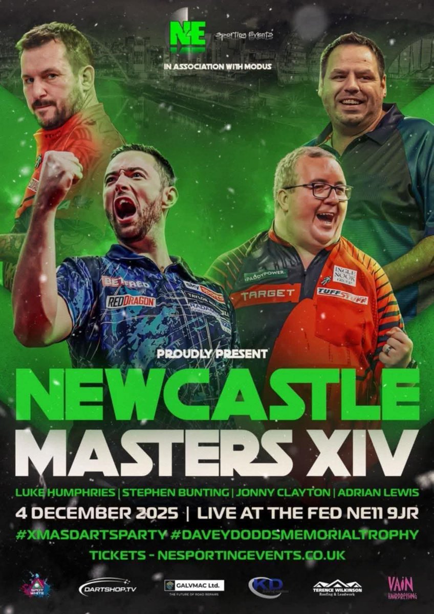 NE Sporting Events ™️ (@nesportsevents) on Twitter photo 📢 EXTRA TICKETS RELEASED 📢
<a href="/jackpot180/">Adrian Lewis</a> <a href="/sbunting180/">Stephen Bunting</a> <a href="/JonnyClay9/">Jonny Clayton</a> #LukeHumphries
A small number of tickets have become available for our Xmas show on December 4th, be quick!!
eventbrite.co.uk/e/newcastle-ma…
NE Sporting Events ™️ 📢 EXTRA TICKETS RELEASED 📢
<a href="/jackpot180/">Adrian Lewis</a> <a href="/sbunting180/">Stephen Bunting</a> <a href="/JonnyClay9/">Jonny Clayton</a> #LukeHumphries
A small number of tickets have become available for our Xmas show on December 4th, be quick!!
eventbrite.co.uk/e/newcastle-ma…
NE Sporting Events ™️