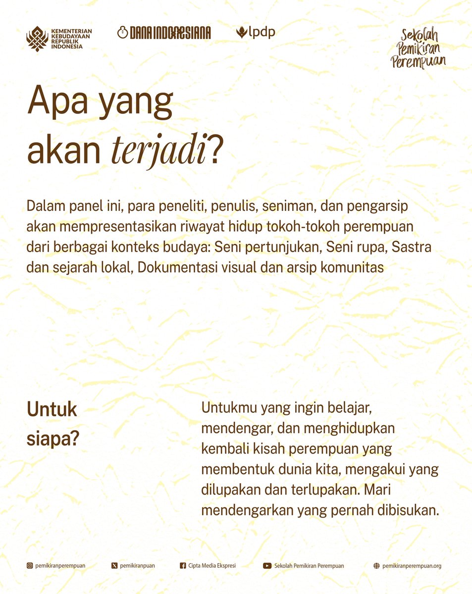 "Riwayatmu, Puan" — Panel Presentasi Riwayat Hidup Perempuan dalam Sejarah Seni Budaya. Sejarah sering kali dibangun dari apa yang tercatat. Tapi bagaimana dengan yang tak sempat ditulis? #sekolahpemikiranperempuan #festivalfeminis #etalasepemikiranperempuan