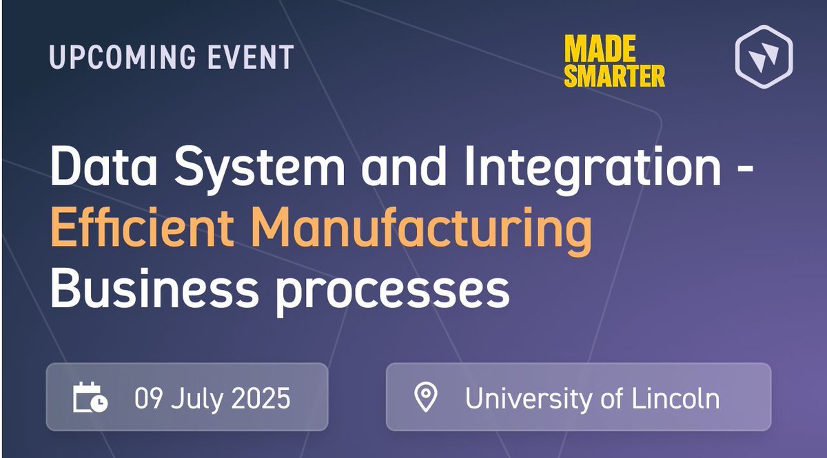 We’re delighted to announce an upcoming event which we are exhibiting at. Run by Made Smarter ‘Data &amp; Systems Integrations for Efficient Manufacturing Business Processes’ in Lincoln. 

Sign up at the link below:

madesmarter.uk/events/data-sy…