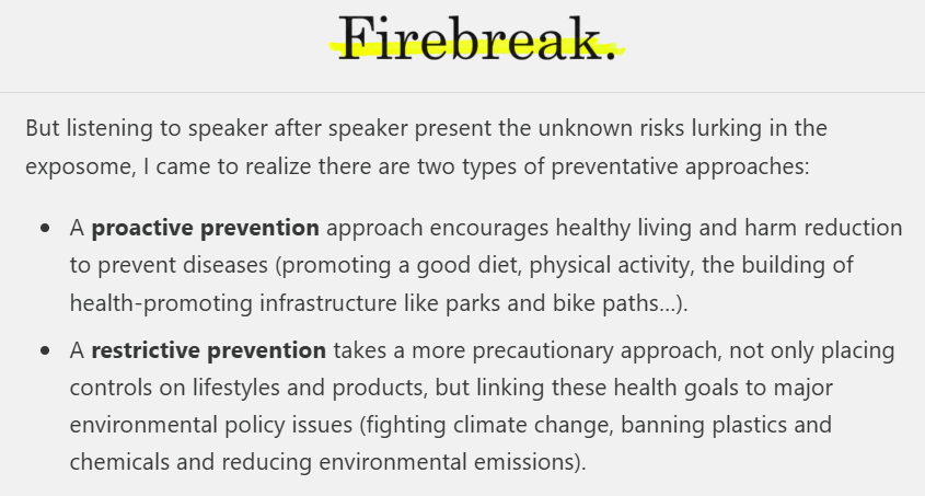 the_firebreak's tweet image. Cancer justice vigilantes link every cancer to some chemical exposure. They created a place they call the exposome to advance this dogma, calling it preventative.
@zaruk argues there are two types of prevention and prefers the quick wins of harm reduction.
thefirebreak.org/p/the-exposome…