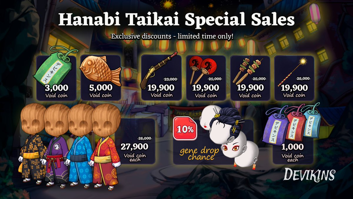 🎆 The Fireworks Festival is here! 🎇

Enjoy exclusive, limited-time discounts on themed items:

✔️ Weapon Skins
✔️ Costumes
✔️ Special items
✔️ 10% chance for Unique Genes

Light up your Void adventures in style!
Shop now before the festival ends!

#Devikins #FireworksFestival