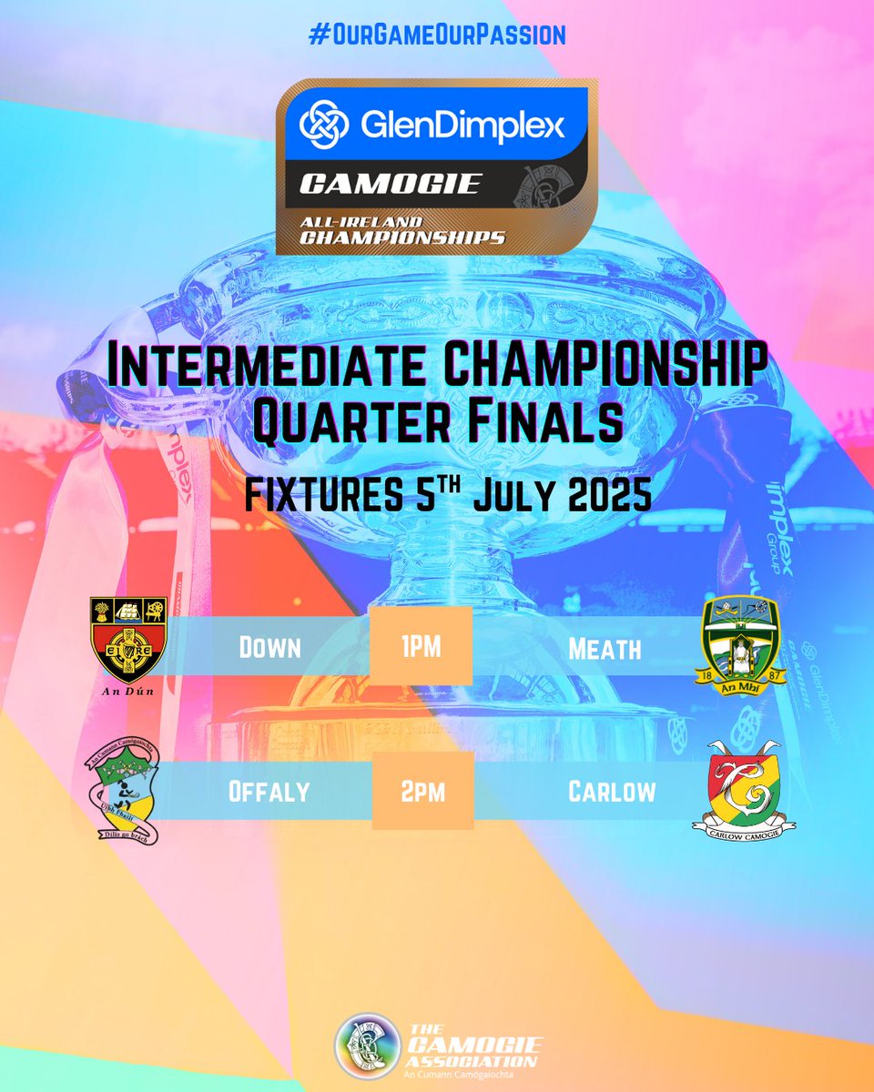 🏆Glen Dimplex Intermediate Championship Quarter Finals🏆
Down 🆚 Meath - 1pm in Clonduff GAA
Offaly 🆚 Carlow - 2pm in Glenisk O'Connor Park, Tullamore

Dont miss the action this Saturday July 5th!

Get your match tickets today via the link below! 🎟️⬇️
universe.com/users/camogie-…