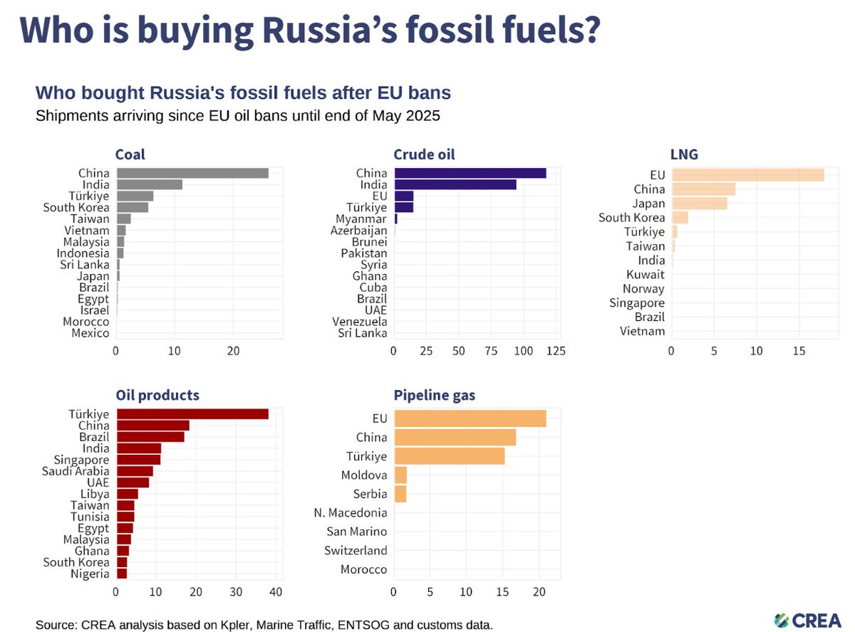Kto kupuje surowce z Rosji?
Gaz ziemny (rurociągi)🇪🇺🇨🇳🇹🇷
Ropa 🇨🇳🇮🇳🇪🇺
LNG 🇪🇺🇨🇳🇯🇵
Węgiel 🇨🇳🇮🇳🇹🇷
Art. ropop. 🇹🇷🇨🇳🇧🇷