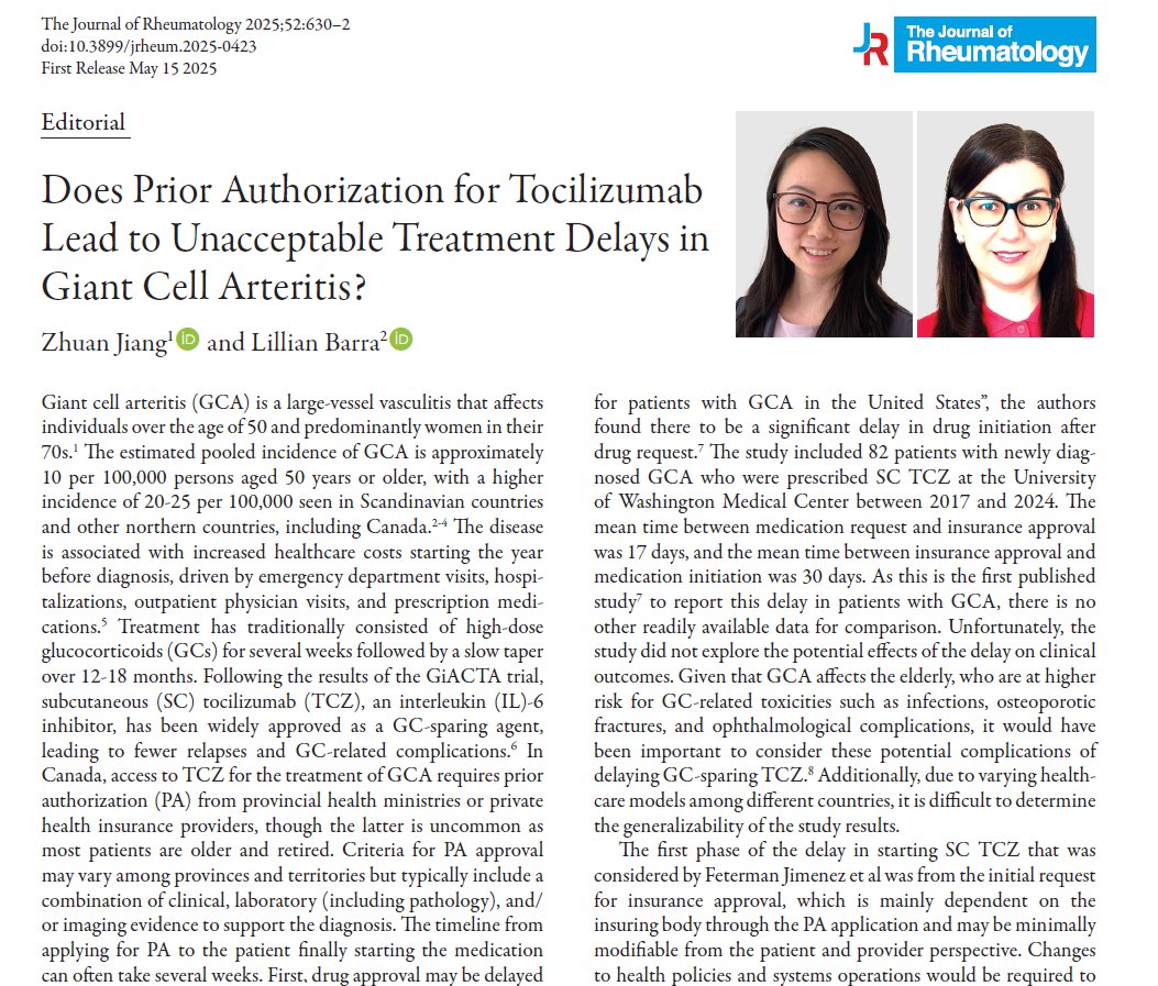 The Journal of Rheumatology (@jrheum) on Twitter photo Editorial
Does Prior Authorization for Tocilizumab Lead to Unacceptable Treatment Delays in Giant Cell Arteritis?
📖 doi.org/10.3899/jrheum…
<a href="/SchulichMedDent/">Schulich WesternU</a>
#giantcellarteritis #vasculitis Editorial
Does Prior Authorization for Tocilizumab Lead to Unacceptable Treatment Delays in Giant Cell Arteritis?
📖 doi.org/10.3899/jrheum…
<a href="/SchulichMedDent/">Schulich WesternU</a>
#giantcellarteritis #vasculitis
