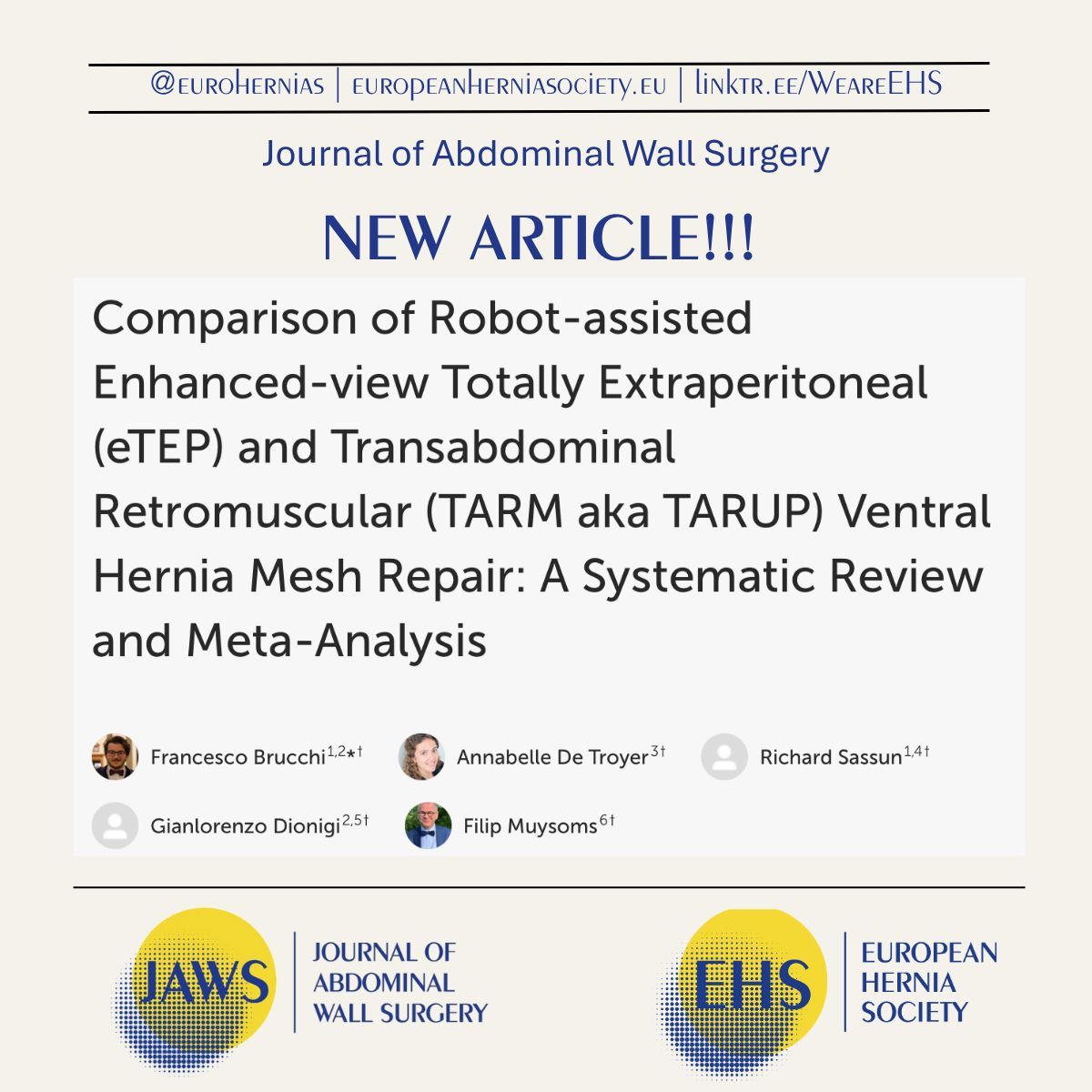 eurohernias's tweet photo. 📚 New in @JAWS – the official journal of the EHS!
A new systematic review compares robotic eTEP and robotic TARUP techniques in ventral hernia repair, providing insights into outcomes, safety, and surgical strategy.
🔗https://t.co/FIlbm8jqlR
#HerniaResearch #JoAWS #AWSurgery https://t.co/UexdjOuScO