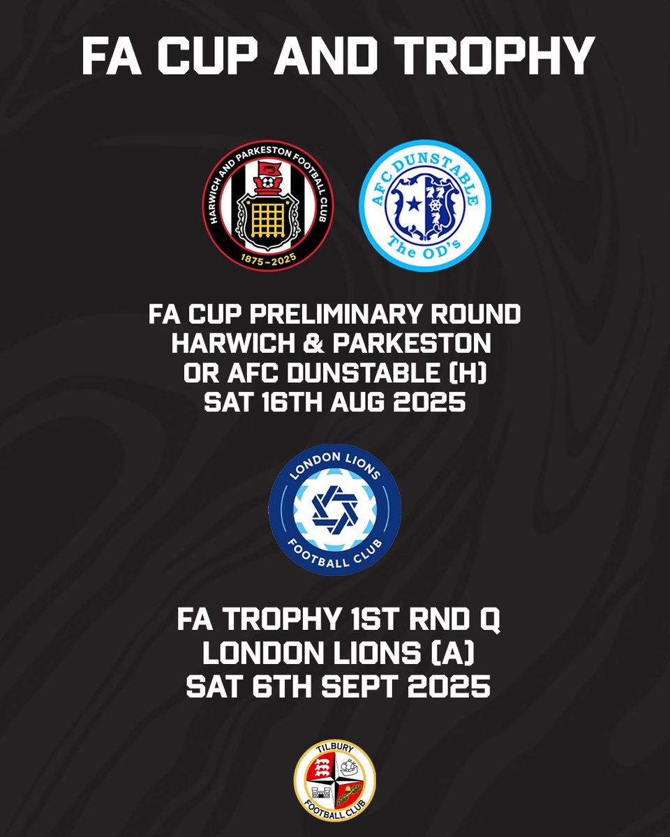 🏆 FA Cup and Trophy Draws!

🏠 We will host either <a href="/OfficialHarwich/">Harwich and Parkeston FC</a> or <a href="/AFCDunstable/">AFC Dunstable</a> in the <a href="/EmiratesFACup/">Emirates FA Cup</a> Preliminary Round!

🛣️ We will travel to <a href="/LondonLions_/">London Lions F.C.</a> for the <a href="/IsuzuFATrophy/">Isuzu FA Trophy</a> 1st Round Qualifying!

#COYD | #DockersAsOne