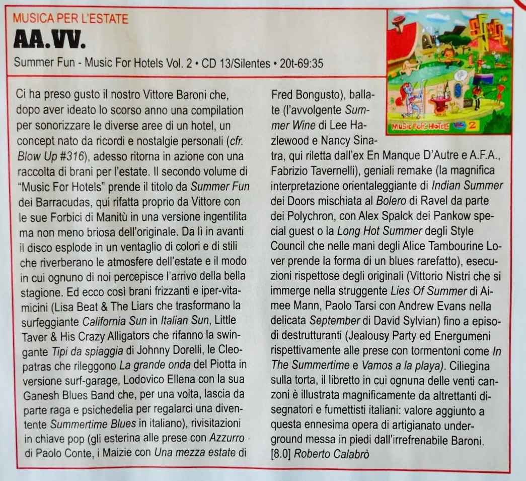 È uscito il nuovo numero di #BlowUp! Dentro, anche la recensione di Roberto Calabrò per "Summer Fun: Music for Hotels Vol. 2", la compilation curata da Vittore Baroni a cui ho contribuito con #September di #DavidSylvian, insieme ad Andrew Evans.

🎧 silentes.bandcamp.com/track/paolo-ta…