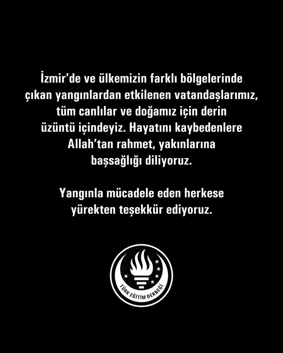 İzmir’de ve ülkemizin farklı bölgelerinde çıkan yangınlardan etkilenen vatandaşlarımız, tüm canlılar ve doğamız için derin üzüntü içindeyiz. Hayatını kaybedenlere Allah’tan rahmet, yakınlarına başsağlığı diliyoruz.

Yangınla mücadele eden herkese yürekten teşekkür ediyoruz.