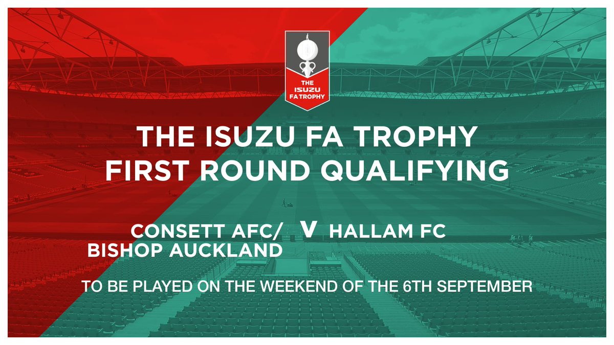 Hallam FC (@hallamfc1860) on Twitter photo The draw has also been made for the FA Trophy, with Hallam receiving a bye and going through to the first round where we face with <a href="/ConsettAFC/">Consett AFC</a> or <a href="/bishopafc/">Bishop Auckland FC</a>
#HallamFC The draw has also been made for the FA Trophy, with Hallam receiving a bye and going through to the first round where we face with <a href="/ConsettAFC/">Consett AFC</a> or <a href="/bishopafc/">Bishop Auckland FC</a>
#HallamFC