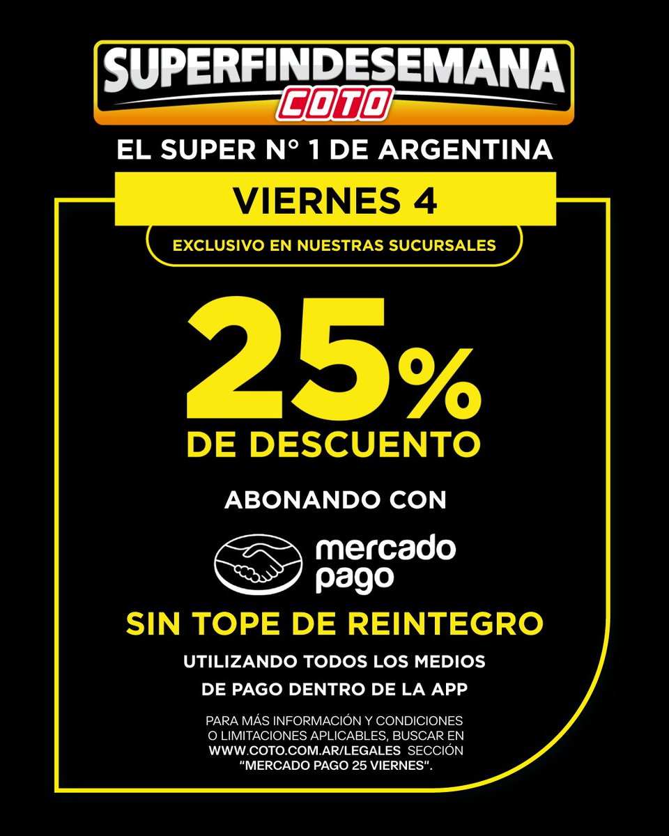 Coto   

Hoy viernes en <a href="/Coto_Ar/">COTO</a> hay 25% de descuento pagando con <a href="/mercadopago/">Mercado Pago</a>. 
Exclusivo para sucursales.  

Les paso la lista de exclusiones:
DESCUENTOS NO VÁLIDOS PARA COMPRAS POR INTERNET EN COTO DIGITAL. DESCUENTOS NO VÁLIDOS PARA COMPRAS EN CUOTAS CON TARJETAS DE CRÉDITO