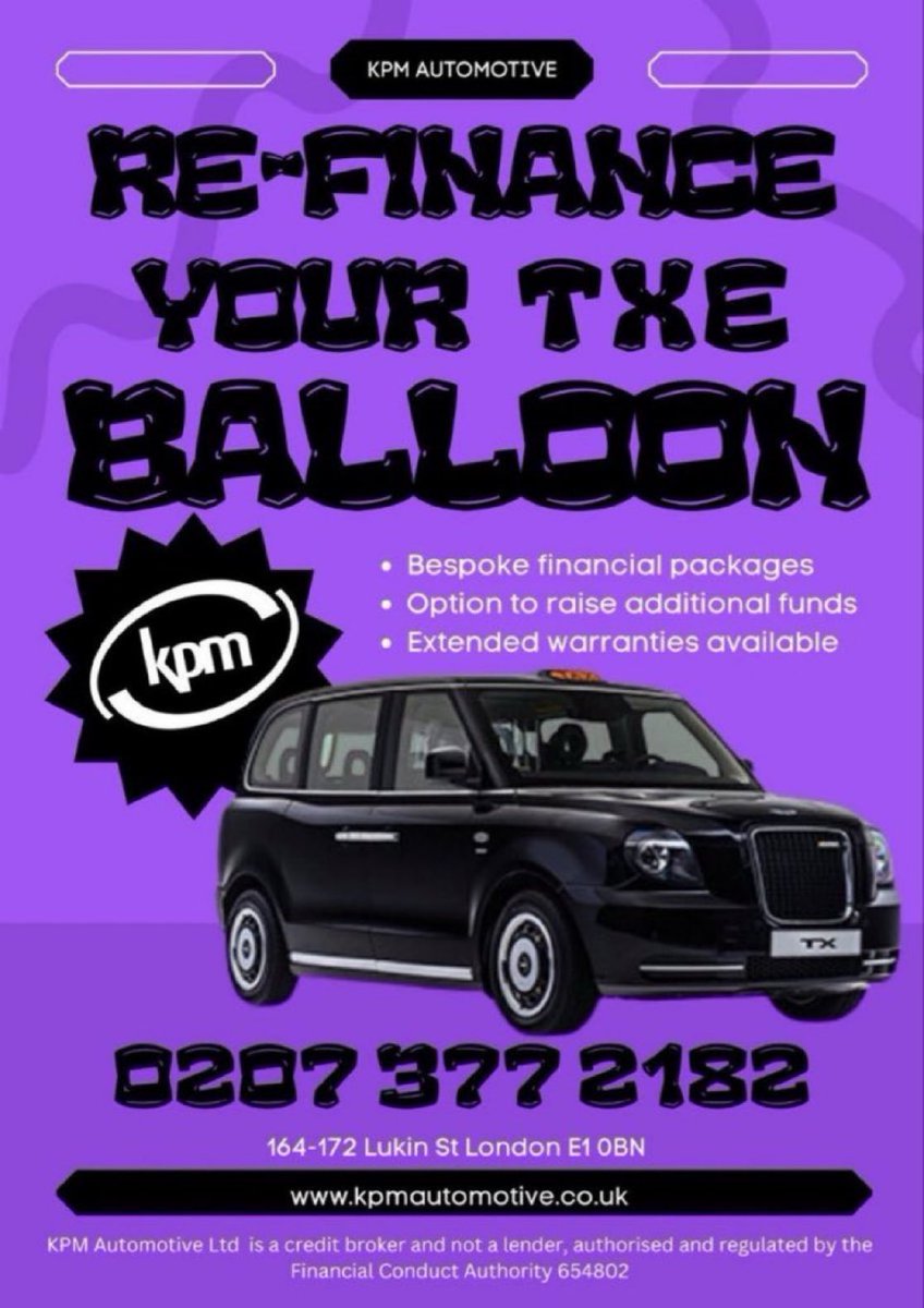 kpmautos's tweet image. Is your TXE Blackhorse balloon payment due soon? We can help! 

Re-finance your taxi with the option of taking an extended warranty for up to 3 years.

Cost effective options from KPM.

☎️ 0207 377 2182