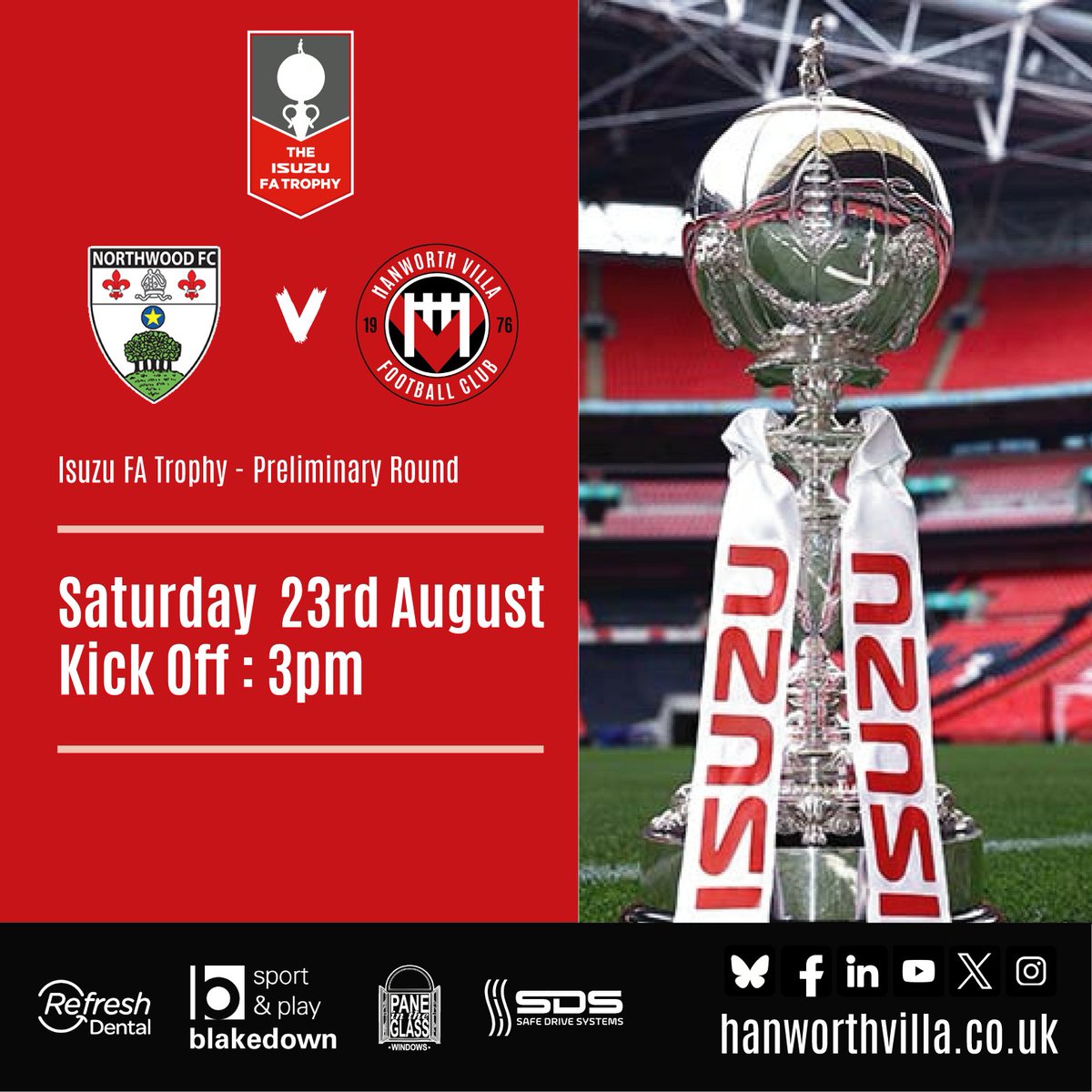Hanworth Villa FC (@hanworthvillafc) on Twitter photo In the Isuzu FA Trophy we will travel to <a href="/NorthwoodFC/">Northwood Football Club</a> in the Preliminary Round on Saturday 23rd August! In the Isuzu FA Trophy we will travel to <a href="/NorthwoodFC/">Northwood Football Club</a> in the Preliminary Round on Saturday 23rd August!