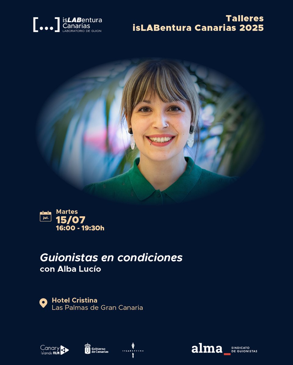 ALMA GUIONISTAS (@almaguionistas) on Twitter photo 📅ALMA e <a href="/islabcanarias/">isLABenturacanarias</a> colaboran en la edición de 2025 y te ofrecen la posibilidad de participar en la sesión 'Guionistas en condiciones', ofrecida por <a href="/Mechanicalalba/">Alba Lucío</a> el martes 15 de Julio en Las Palmas de Gran Canaria. Inscríbete aquí 👉docs.google.com/forms/d/e/1FAI… 📅ALMA e <a href="/islabcanarias/">isLABenturacanarias</a> colaboran en la edición de 2025 y te ofrecen la posibilidad de participar en la sesión 'Guionistas en condiciones', ofrecida por <a href="/Mechanicalalba/">Alba Lucío</a> el martes 15 de Julio en Las Palmas de Gran Canaria. Inscríbete aquí 👉docs.google.com/forms/d/e/1FAI…