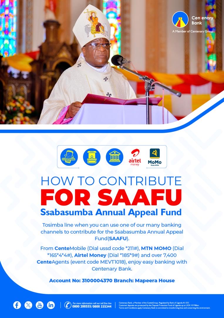 Kati osobola okudduukirira ensawo ya Ssaabasumba ng'okozesa <a href="/CentenaryBank/">Centenary Bank</a> ng'oyita ku mikutu gyabwe gyonna okuli CenteMobile, USSD Code , n'ekussimu.