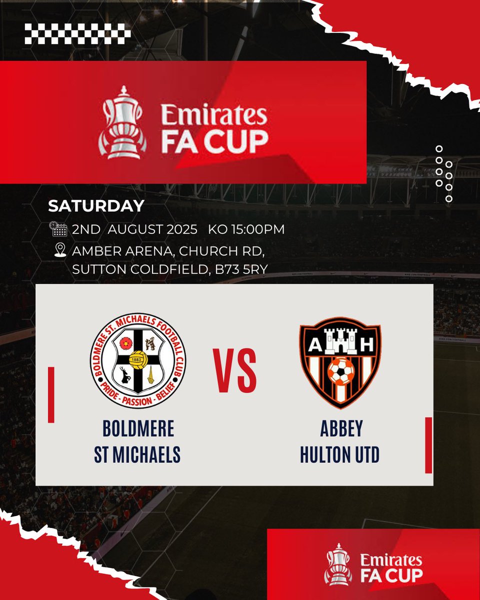 Abbey Hulton Utd FC (@hultonutd) on Twitter photo Our first ever FA cup fixture and we have been drawn away against <a href="/themikesfc/">Boldmere St Michaels FC</a> .
Tie to played 2nd August.
#Road to Wembley
UTA 🧡🖤 Our first ever FA cup fixture and we have been drawn away against <a href="/themikesfc/">Boldmere St Michaels FC</a> .
Tie to played 2nd August.
#Road to Wembley
UTA 🧡🖤