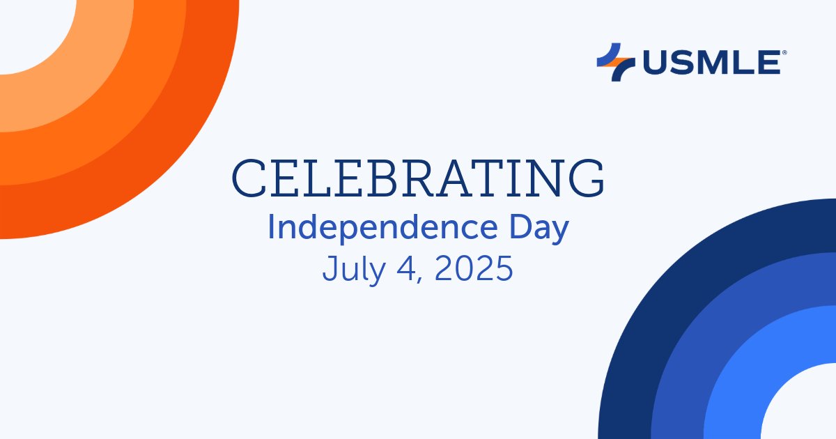 TheUSMLE's tweet image. The #USMLE offices are closed today in observance of Independence Day and will reopen on Monday, July 7.