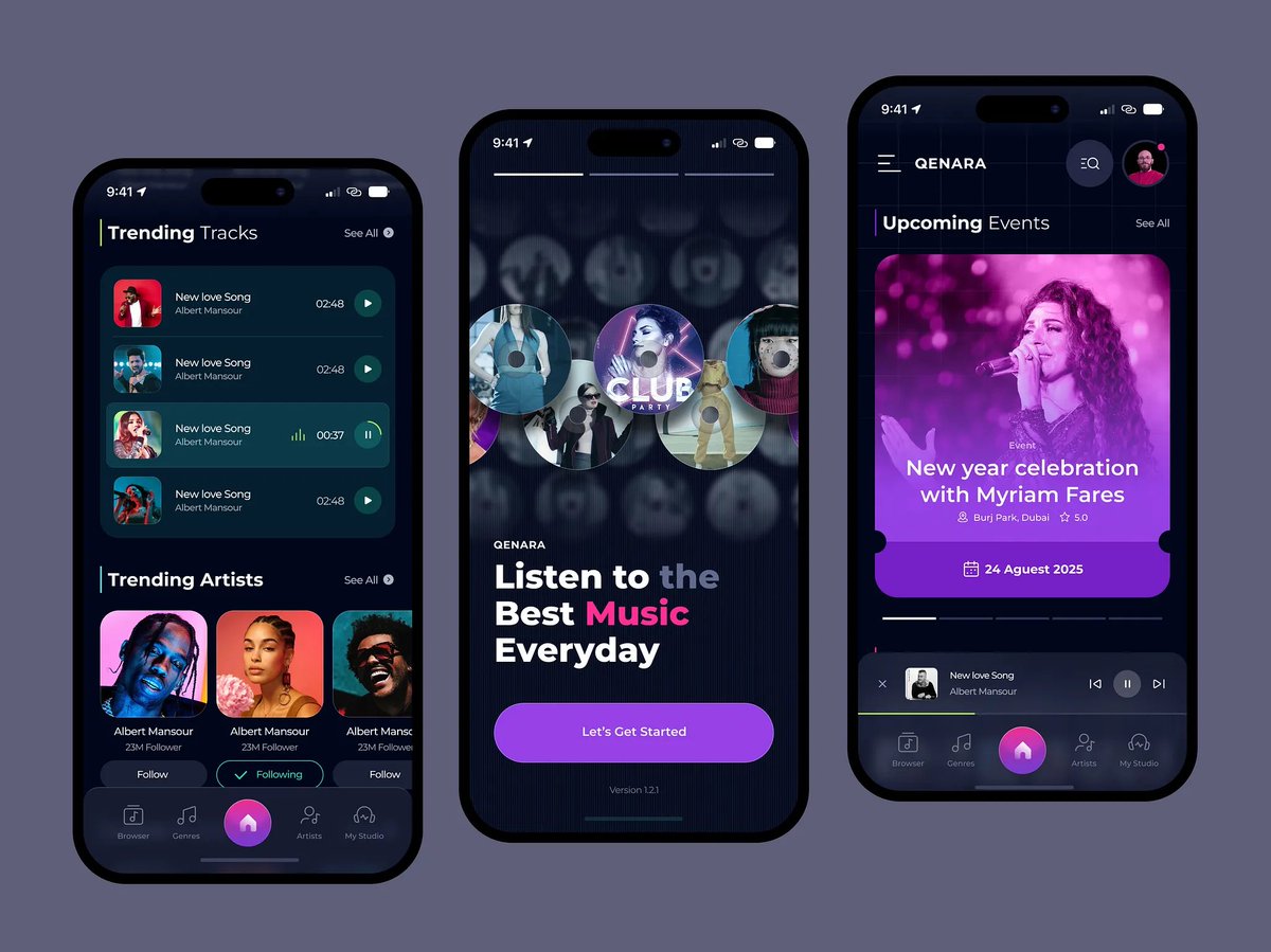 orizondesign's tweet image. 🎧 Where sound meets style.

QENARA is built with smooth flows and a layout that makes listening feel immersive and effortless.

What do you think of this design?

By Mohammad Reza Farahzad for Orizon💪
#MusicApp #UIUX #AppDesign #UX #AppInspiration #MinimalDesign #OrizonDesign