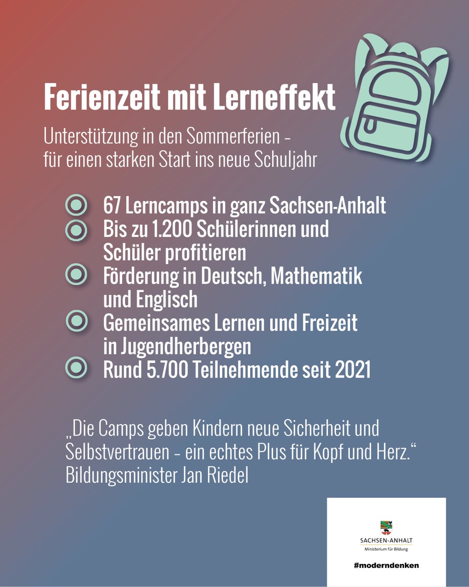 🧠📚 #Lerncamps in den Sommerferien: Rund 1.200 Schülerinnen und Schüler in <a href="/sachsenanhalt/">Sachsen-Anhalt</a> erhalten gezielte Unterstützung in #Mathe, Deutsch und Englisch – für einen gestärkten Start ins neue #Schuljahr. Mehr in der Pressemitteilung 👉lsaurl.de/prWkhB /lz