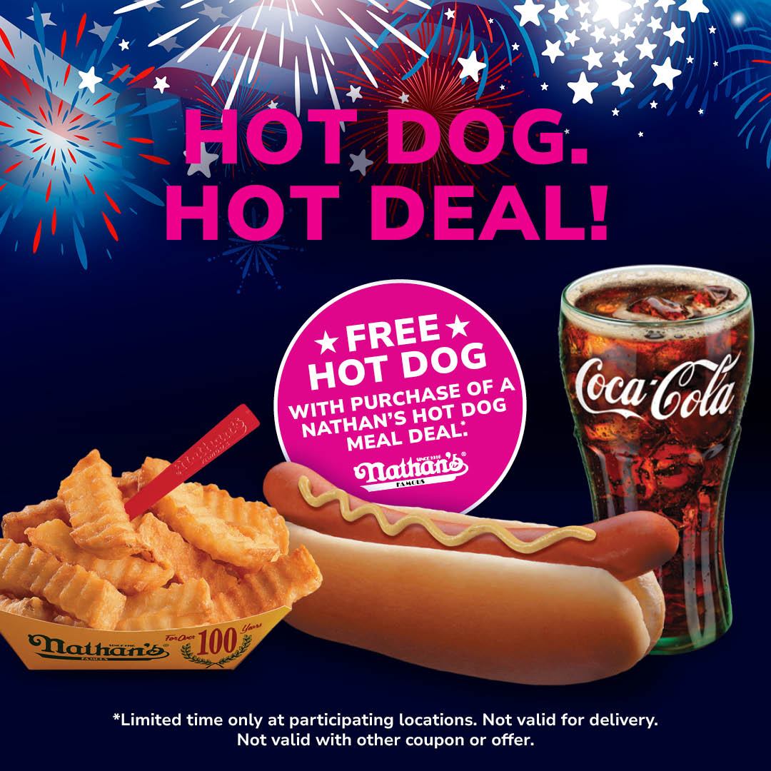 🎆 HOT DOG. HOT DEAL. 🎆
Get a FREE Nathan’s hot dog with the purchase of any Nathan’s Hot Dog Meal Deal!
The perfect way to celebrate summer — only available from 7/4-7/6 🌭🔥
#MiamiGrill #FreeHotDog