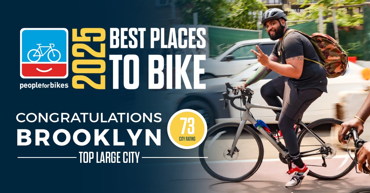 peopleforbikes's tweet image. For the first time, Brooklyn, New York, tops our rankings as the best large U.S. city for bicycling! Brooklyn’s growing bike network of protected bike lanes, greenways, and bike boulevards make daily destinations accessible for all. Read more now at bit.ly/3IqZeLe