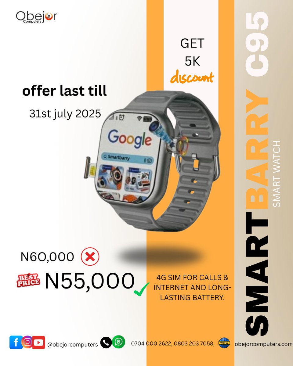 obejorcomputers's tweet image. Save ₦5,000 on Smartbarry C95 Smartwatch! 🎯
Now till July 31 @obejorcomputers.
Shop online or visit in-store.
#SmartbarryC95 #TechDiscount #ObejorComputers #JulyPromo #BuySmartWatch