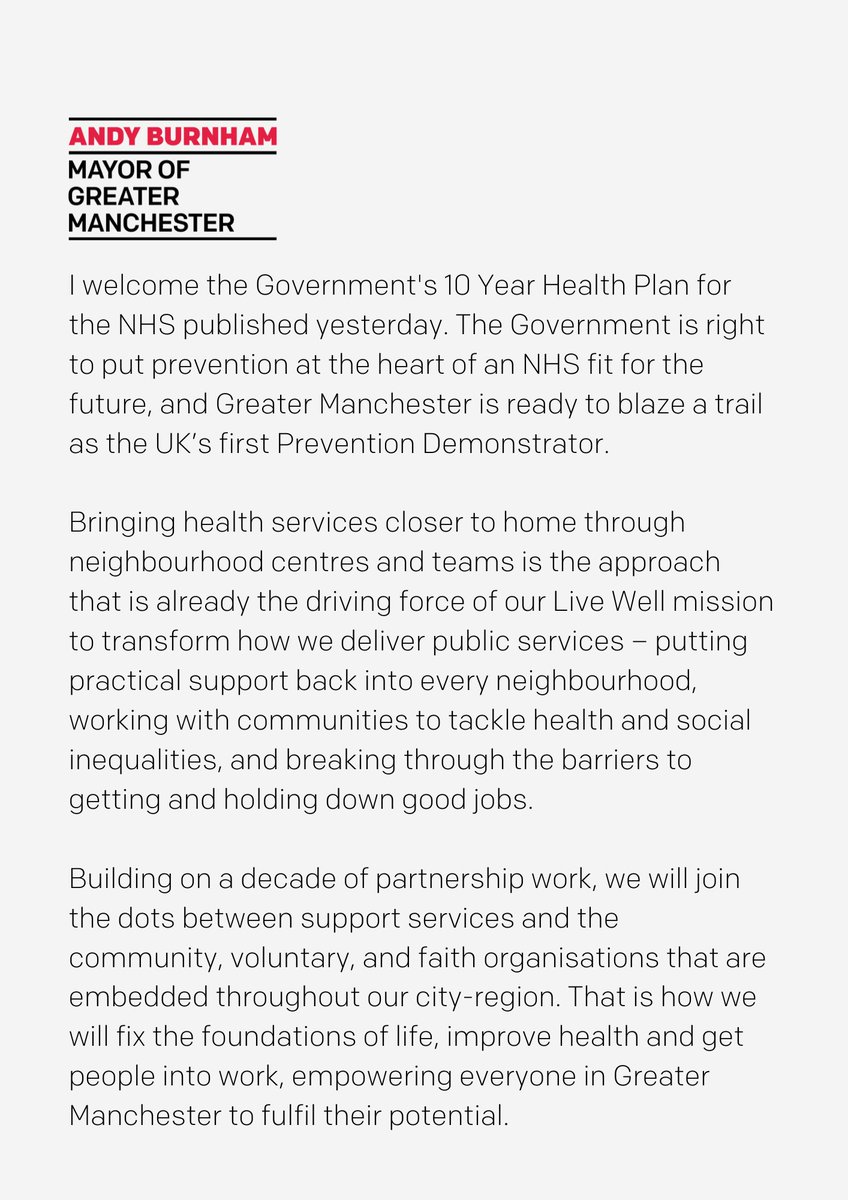 MayorofGM's tweet image. As part of the Government's new 10 Year Health Plan, Greater Manchester will become the UK's first Prevention Demonstrator.
Building on our Live Well mission and a decade of partnership work, we will put practical support back into every neighbourhood across our city region.