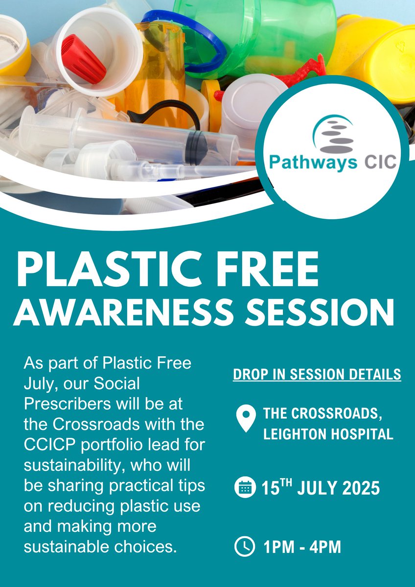 Pathways CIC (@pathwayscic) on Twitter photo It's #PlasticFreeJuly! Join our Social Prescribers & the CCICP sustainability lead on 15 July, 1–4 pm at Leighton Hospital Crossroads for simple ways to cut down on plastic and make more eco friendly choices at this relaxed drop in session for #MCHFT staff. It's #PlasticFreeJuly! Join our Social Prescribers & the CCICP sustainability lead on 15 July, 1–4 pm at Leighton Hospital Crossroads for simple ways to cut down on plastic and make more eco friendly choices at this relaxed drop in session for #MCHFT staff.