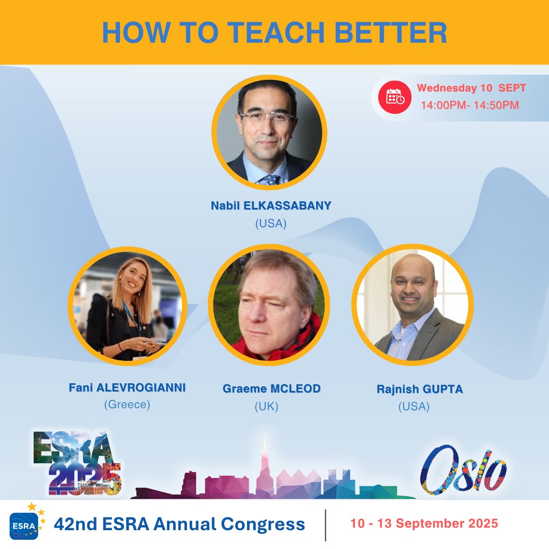 ESRA | European Society of Regional Anaesthesia (@esra_society) on Twitter photo 🎓 How to Teach Better
🗓️ 10 Sept | ⏰ 14:00–14:50
👤 Nabil Elkassabany (Chair)
🎙️ Speakers:
Fani Alevrogianni – Trainees as teachers
Graeme McLeod – Serious gaming & AR in RA teaching
Rajnish Gupta – AI’s role in anaesthesia teaching 🎓 How to Teach Better
🗓️ 10 Sept | ⏰ 14:00–14:50
👤 Nabil Elkassabany (Chair)
🎙️ Speakers:
Fani Alevrogianni – Trainees as teachers
Graeme McLeod – Serious gaming & AR in RA teaching
Rajnish Gupta – AI’s role in anaesthesia teaching