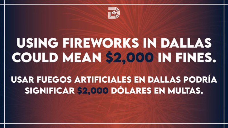 Planea tus celebraciones de #4thOfJuly de manera segura. Usar 💥 fuegos 🎆 artificiales en la Ciudad de Dallas podría generarte fuertes multas 💵. Mantén a salvo a tu familia, niños 👧🏻 👦🏻 y mascotas 🐶 🐱. No tomes riesgos para celebrar, no es momento para jugártela.
👁 OJO 👁