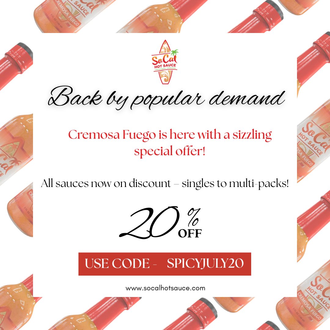 Back by Popular Demand! Cremosa Fuego is back in stock — hotter, bolder, and ready to fire up your taste buds. Plus, enjoy a special offer: 20% OFF everything — just use code BBQRELIEF15 at checkout.

👉 Shop now at socalhotsauce.com
#HotSauceLovers #FoodieLife #SpicyFood