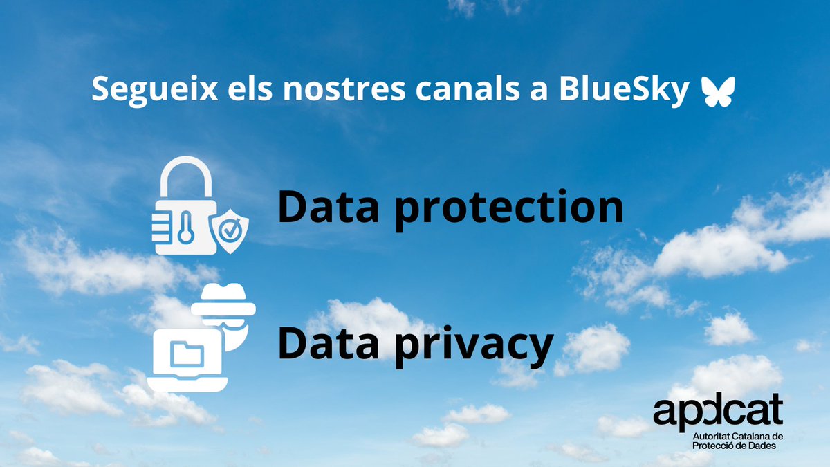 Autoritat Catalana de Protecció de Dades (@apdcat) on Twitter photo 📡 Si t’interessa la protecció de dades i la privacitat, segueix els canals de l’APDCAT a #BlueSky:
🔐 Protecció de dades: bsky.app/profile/apdcat…
🕵️♂️ Privacitat de dades: bsky.app/profile/apdcat…
#Bluesky #ProteccióDeDades #DataPrivacy #APDCAT 📡 Si t’interessa la protecció de dades i la privacitat, segueix els canals de l’APDCAT a #BlueSky:
🔐 Protecció de dades: bsky.app/profile/apdcat…
🕵️♂️ Privacitat de dades: bsky.app/profile/apdcat…
#Bluesky #ProteccióDeDades #DataPrivacy #APDCAT