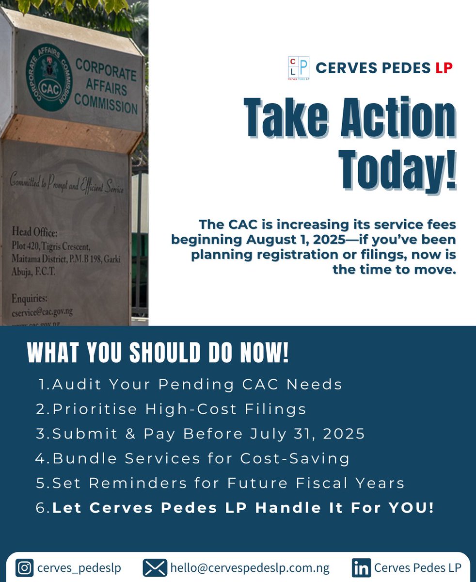 CervesPedesLP's tweet photo. 📢 CAC is increasing its fees starting August 1st!

If you’ve been planning to make any update on your business, Now is the time to act!

We can help you file before the deadline — so you don’t pay double in August.

DM us now or reply here to get started before it’s too late! https://t.co/PoAkUtSdvz