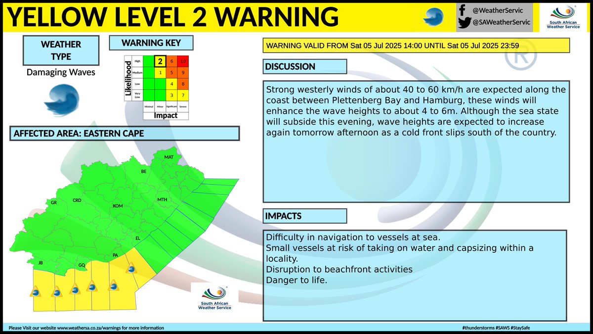 Yellow level 2 warning: Damaging waves
Affected area: Eastern Cape
Validity period: 05 July 2025, 00:00 until 23:59 SAST
#saws #weatheroutlook #southafricanweather