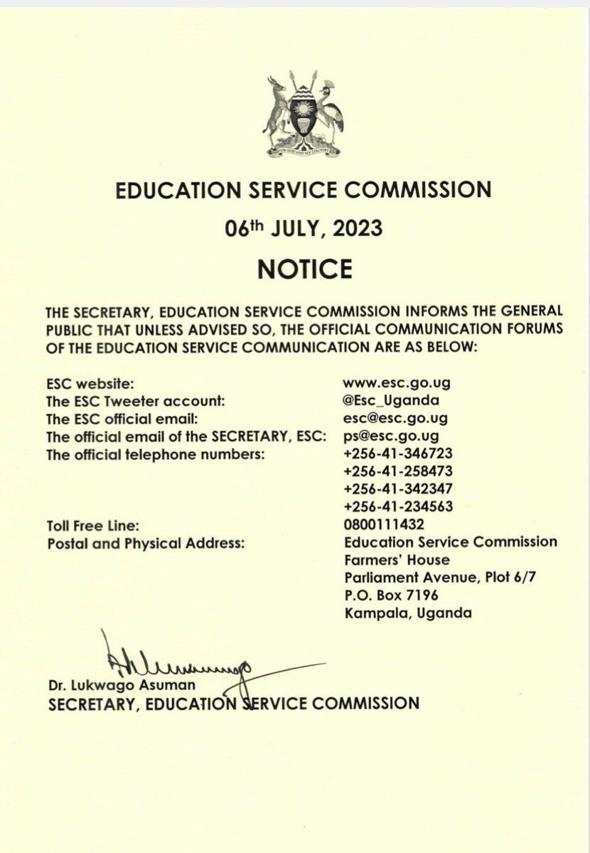 <a href="/Esc_uganda/">Education Service Commission, Uganda</a> … This is a reminder to all comrades in the profession.. For any help just reach out to those contacts and inquire than spreading false information… Don’t be cheated by conmen .. kindly ask if there are officials of the commission.. <a href="/ps_lukwago/">Dr. Asuman Lukwago</a> <a href="/BukenyaLillian/">Lillian Bukenya</a>