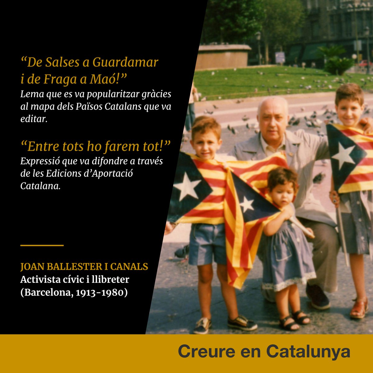 QuimTorraiPla's tweet image. #taldiacomavui de fa 45 anys va morir Joan Ballester i Canals. El recordem amb dues frases que marquen el seu compromís polític i cultural i que es van convertir en icones de la reivindicació nacional catalana durant el franquisme i encara ara. #creureenCatalunya
