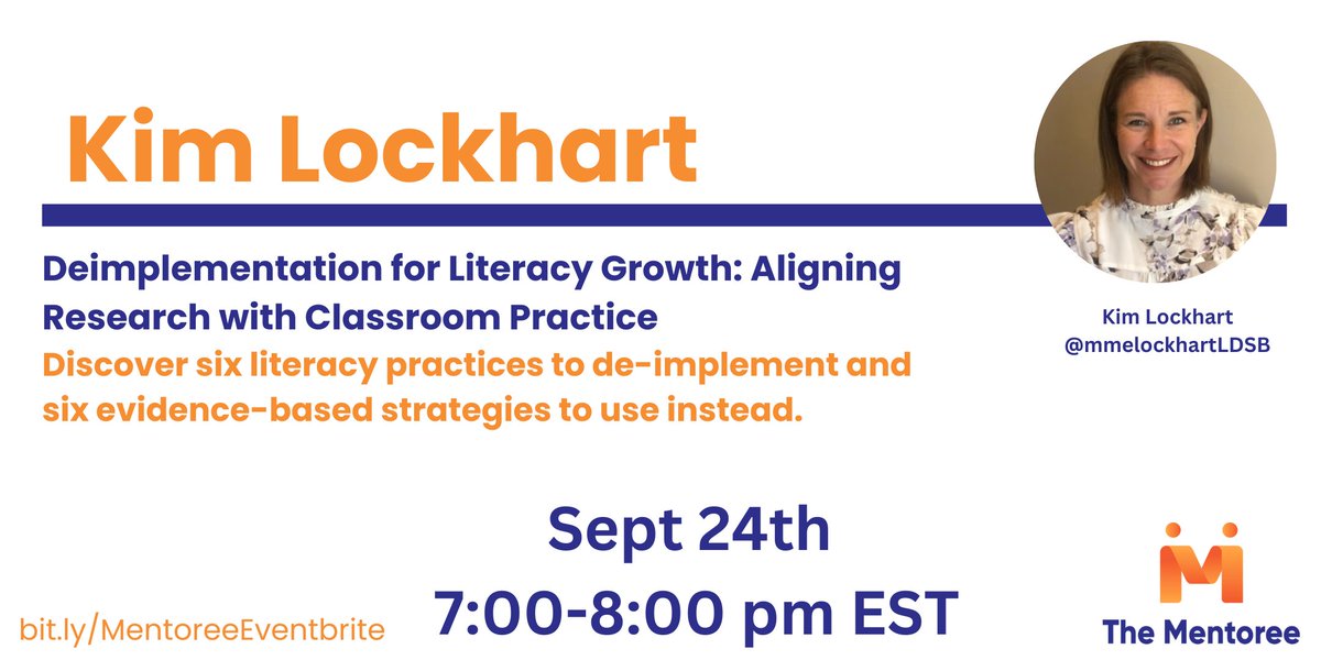 📢@mmelockhartlds will be presenting on Deimplementation for Literacy Growth where she will share 6 practices to discontinue and 6 evidence-based strategies to use instead.
Join us on Wednesday, September 24th from 7-8pm EST. Sign up bit.ly/MentoreeEventb….
#Literacy #OnLit #EDU
