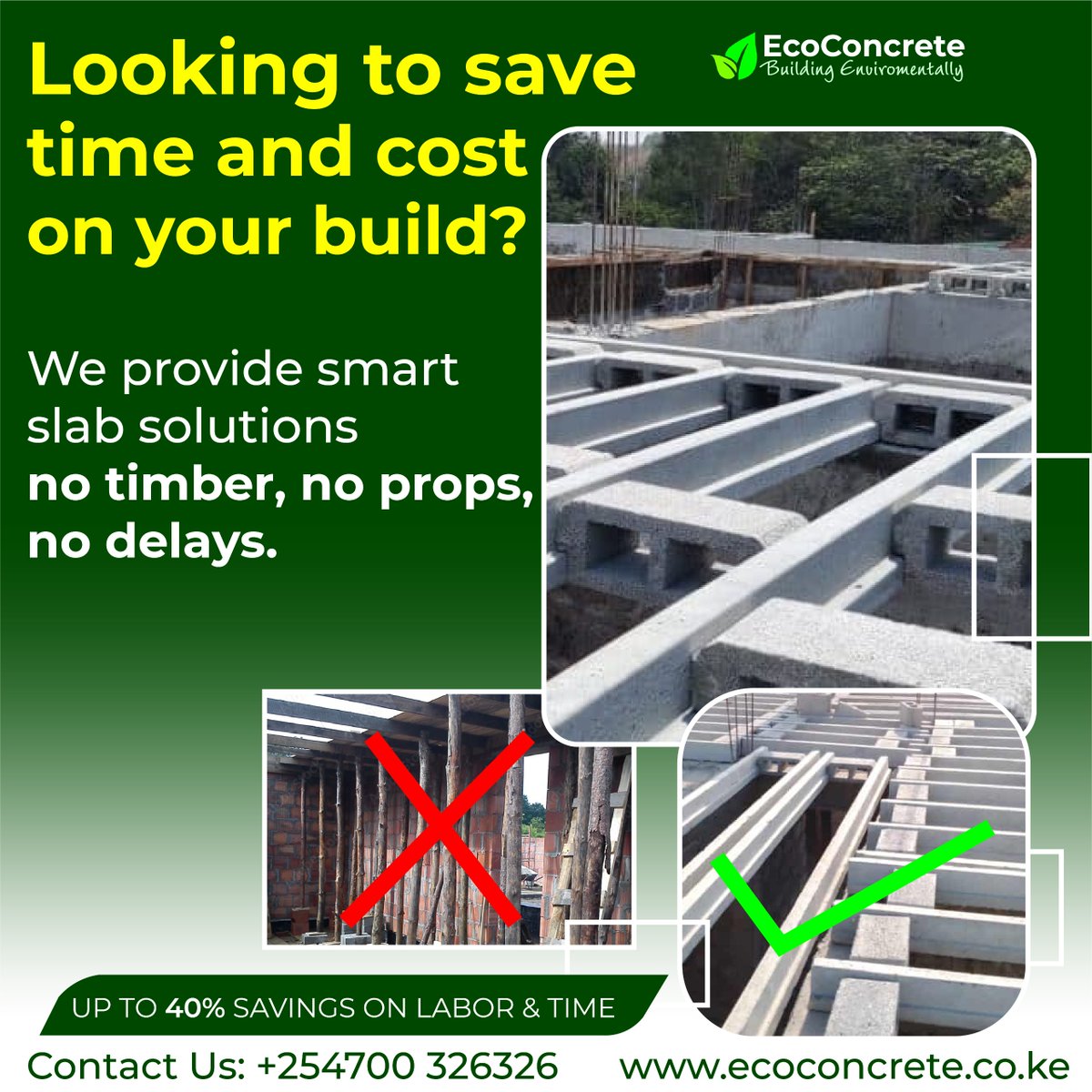 The EcoConcrete ready floor slab system eliminates the need for formwork and propping, offering a faster and more efficient construction process. Unlike traditional cast-in-situ slabs that require time-consuming support structures and curing periods, the precast design of the