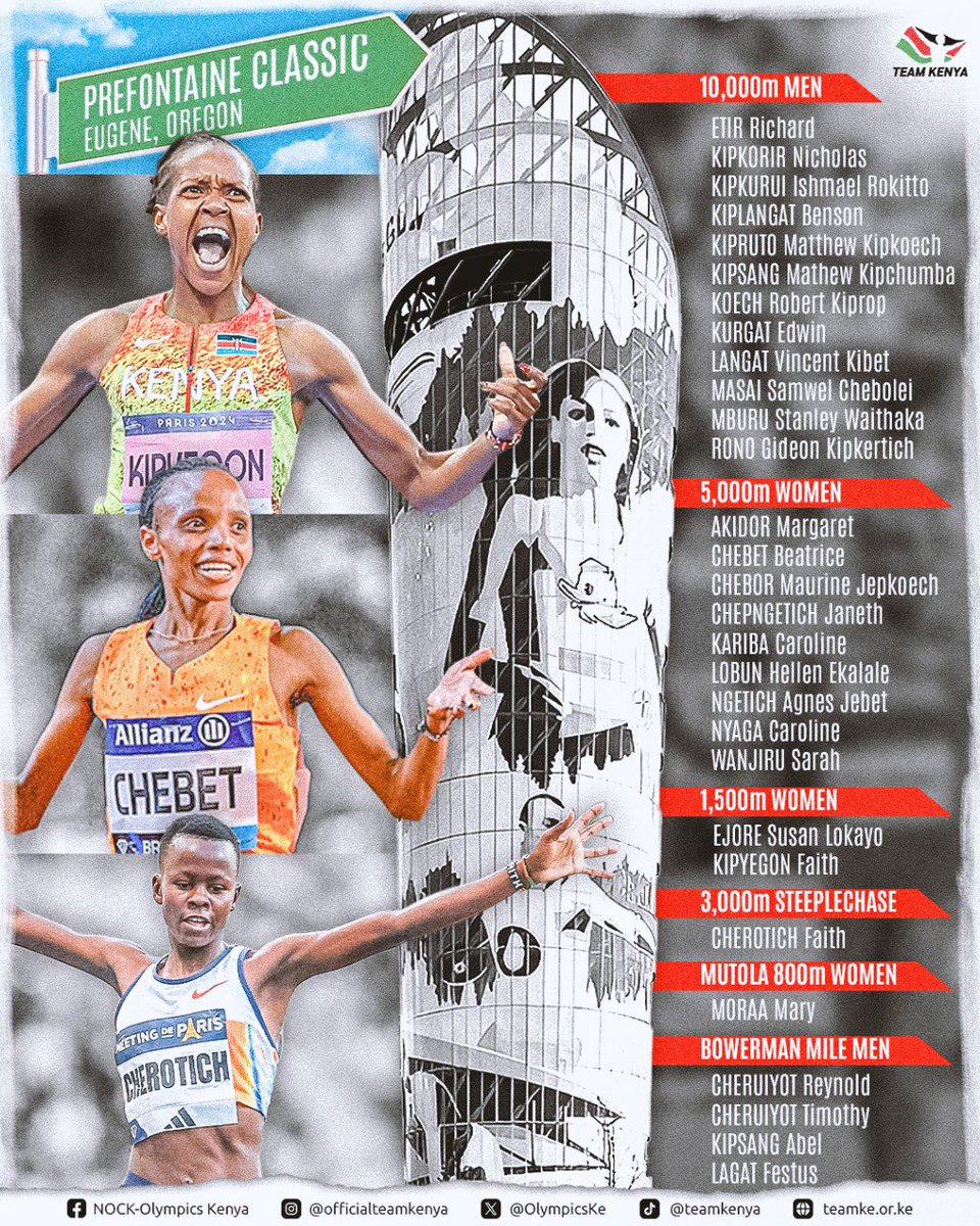 #TeamKenya is bringing out the BIG GUNS for this one.💪🏾🔥

The 50th edition of the Prefontaine Classic — Diamond League Eugene — goes down tomorrow,July 5, at Hayward Field in Oregon.

The race will serve as the national trials for the women’s 5,000m and men’s 10,000m for Tokyo