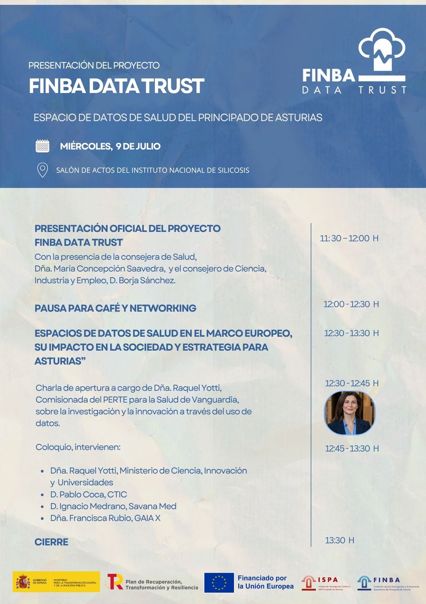FINBA (@finbasturias) on Twitter photo 🔵 ISPA-FINBA presenta FINBA DATA TRUST: un paso clave hacia una salud basada en datos.
🗓️ Mié 9 de julio | 11:30 h
📍 Instituto Nacional de Silicosis
🟦 Entrada libre
Con <a href="/RaquelYotti/">Raquel Yotti</a> y expertos de <a href="/ctic/">Cory Concannon</a>, Savana, Gaia-X.
💬 Diálogo, innovación y estrategia en salud digital. 🔵 ISPA-FINBA presenta FINBA DATA TRUST: un paso clave hacia una salud basada en datos.
🗓️ Mié 9 de julio | 11:30 h
📍 Instituto Nacional de Silicosis
🟦 Entrada libre
Con <a href="/RaquelYotti/">Raquel Yotti</a> y expertos de <a href="/ctic/">Cory Concannon</a>, Savana, Gaia-X.
💬 Diálogo, innovación y estrategia en salud digital.