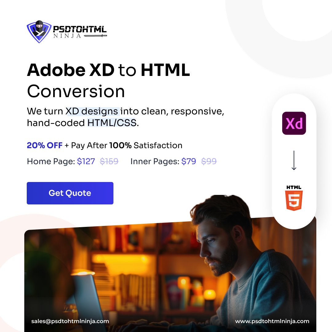 ninjapsdtohtml's tweet image. ๐ #AdobeXD to #HTML Conversion
Clean, responsive, hand-coded HTML/CSS.
๐ 20% OFF + Pay After Satisfaction
๐ป Homepage: $159 โ $127
๐ Innerpage: $99 โ $79
๐ง sales@psdtohtmlninja.com
๐ psdtohtmlninja.com
#XDtoHTML #HTMLConversion #Design #Code #PSDtoHTMLNinja