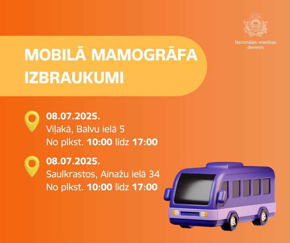 🗓 8. jūlijā Viļakā un Saulkrastos būs mobilā mamogrāfa izbraukums! 🚑
Ja esi saņēmusi uzaicinājuma vēstuli profilaktiskās pārbaudes veikšanai 👉 pieraksties tai, sazinoties ar ārstniecības iestādi (ĀI), kas nodrošina izbraukumu. 
Informācija par ĀI ➡️ vmnvd.gov.lv/lv/mobilais-ma…