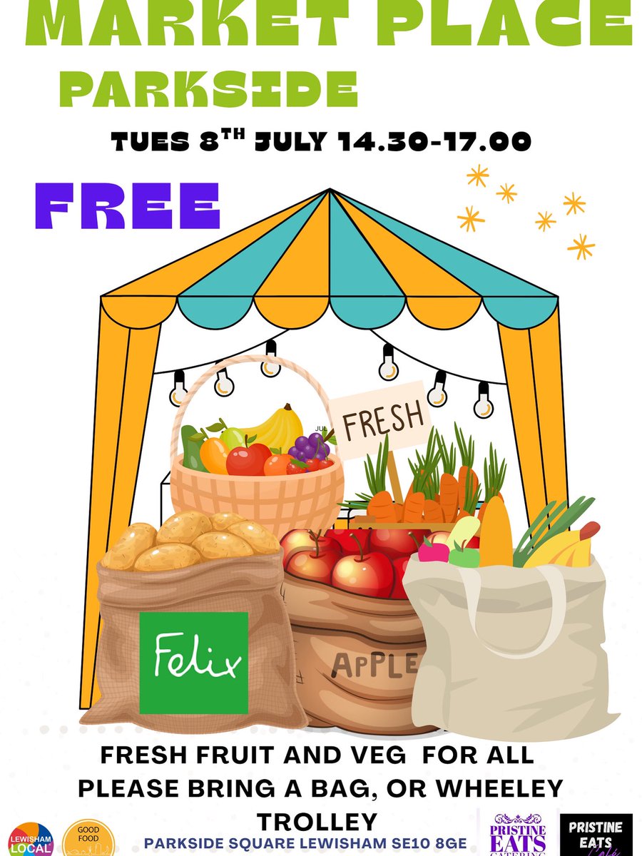 Summer Market  Place 
Free fresh fruit and veg on Tuesday 7th July Parkside Square 2.30-17.00.  Please bring your resuable bag        🍎🍏🥕🥬🍌🦜🍉🍒<a href="/felixprojectuk/">thefelixproject</a> @pristineeats  <a href="/lewishamlocal/">Lewisham Local</a> #lewisham