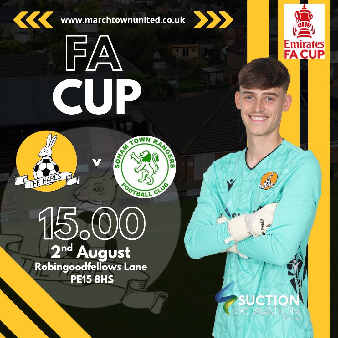 March Town FC (@marchtownfc) on Twitter photo Weโve been drawn at Home against <a href="/SohamTownRanger/">Soham Town Rangers FC</a> in the extra preliminary round of the <a href="/EmiratesFACup/">Emirates FA Cup</a>.
The cup campaign is due to begin on Saturday 2nd August. Weโve been drawn at Home against <a href="/SohamTownRanger/">Soham Town Rangers FC</a> in the extra preliminary round of the <a href="/EmiratesFACup/">Emirates FA Cup</a>.
The cup campaign is due to begin on Saturday 2nd August.