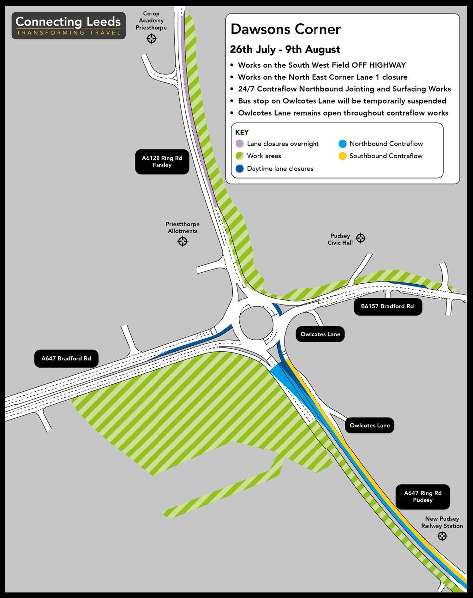 ConnectingLeeds's tweet image. ⚠️ Road repairs and resurfacing works: Stanningley bypass / A647 Ring Road Pudsey 26 July
Owlcotes shopping centre slip road will be closed on the below dates, 8pm-5am:
👉Saturday 26 July
👉Saturday 9 August
👉Saturday 23 August
👉Sunday 24 August
t.ly/JsoLI
